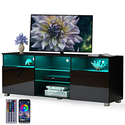 High Glossy LED Black TV Stand for 55/60/65 inch TV,Modern LED Entertainment Center with Adjustable Storage Shelves,Game Console Entertainment Center,TV Table Media Furniture (57inch, Black)