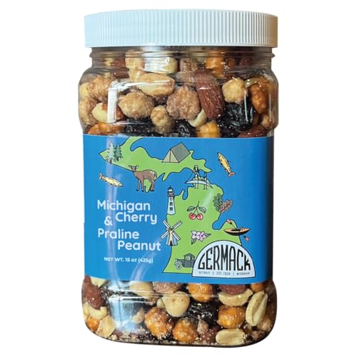 Germack® - Michigan Cherry and Praline Peanuts Mix - Cinnamon Praline Peanuts, Dried Cherries, Almonds, Peanuts and Pretzel Balls (15oz Jar)