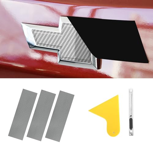 Image of Compatible with Carbon Fiber Vinyl Wrap 11.8 inch x 4 inch Chevy Bowtie Emblem Wrap Kit with Spatula and Cutter 3 Pcs Universal Logo Overlay Silver