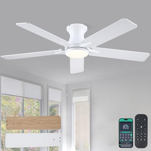 Image of 52 inchModern White Low Profile Flush Mount Ceiling Fans with Light and Remote | Supports Remote and APP, 6 Wind Speeds, Reversible, Dimmable 3 Light Colors LED Light, Noiseless 30W DC Motor,2H Timer