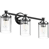 PHIXART Bathroom Lighting Fixtures Black and Chrome Vanity Light with Cylindrical Clear Stripes Glas