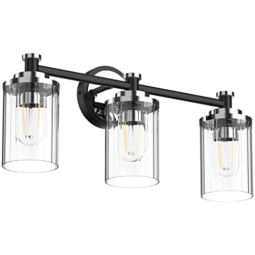 Image of Bathroom Lighting Fixtures Black and Chrome Bathroom Vanity Light with Cylindrical Clear Stripes Glass Lampshade E26 Socket Base Bathroom Lighting Fixtures Over Mirror (3 Lights)