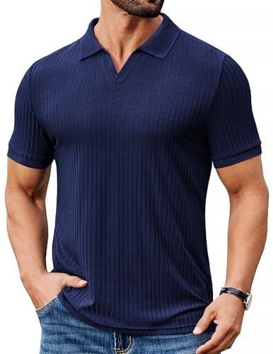 COOFANDY Mens Ribbed Polo Shirts Short Sleeve V Neck Slim Fit Polo T-Shirt Casual Summer Collared Golf Shirt A-Navy Blue