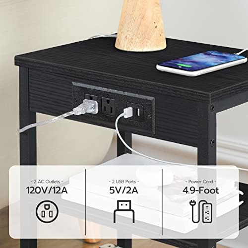 Close-up of the 3-tier end table's charging station with 2 AC outlets and 2 USB ports