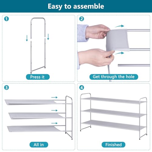 AOODA 3 Tier Long Shoe Rack for Closet Floor Wide Stackable Sneaker Shelf 24-Pairs Fabric Shoe Storage Organizer for Bedroom (Gray) - Thumbnail 6