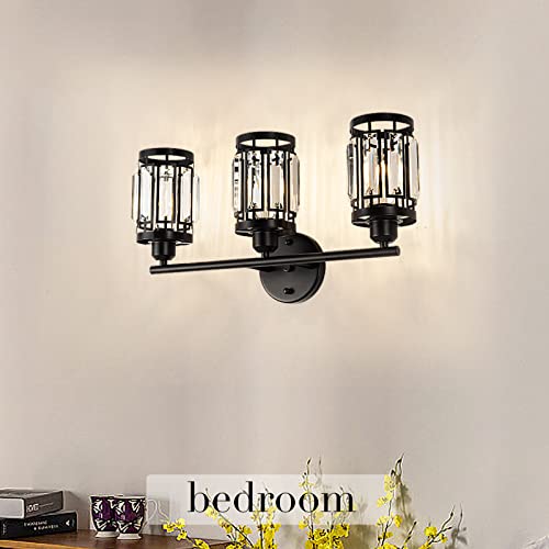 Larootsi Rustic Industrial Black Vanity Light With Crystal Lampshade, 3 Light Bathroom Crystal Vanity Light Wall Mounted, E26 Base (Exclude Bulb) #TOP3