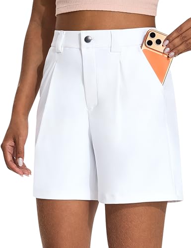 KPSUN Womens 5 Golf Dressy Shorts Stretchy Lightweight Short with Pockets Button Closure for Casual Summer Work(White S)