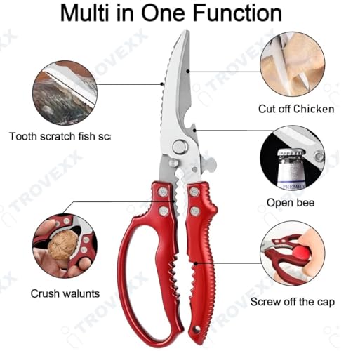 Image of Heavy Duty Poultry Shears Kitchen Scissors for Chicken Meat Fish & Turkey Cutting. Multifunction Japanese Chef Shear with Safety Lock, Non Slip Handle, Bottle Opener & Nut Cracker