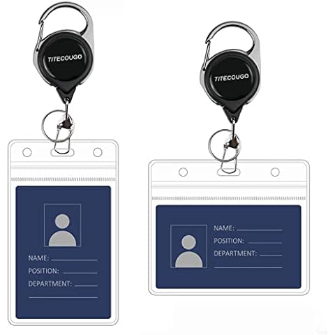 TITECOUGO 2 Pack Heavy Duty Retractable Lanyards for ID Badges Holder with Carabiner Badge Reel Key Ring Keychain Clip Vertical and Horizontal Clear ID Card Holders for Nurses Police, 30" Pull Cord Cover