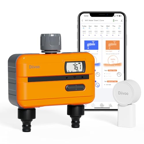 Diivoo Water Timer for Irrigation with Built-in Water Flow Meter, Sprinkler Timer 2 Outlets, Automatic Hose Tap Computer With Rain Delay/Auto&Manual Mode for Lawn