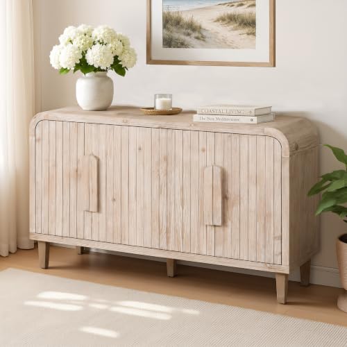 Image of Light Wood Sideboard Cabinet - Buffet Sideboard Storage Cabinet for Dining Room & Living Room - Farmhouse Storage Cabinet, Vintage Wood Finish, Entryway Accent Cabinet