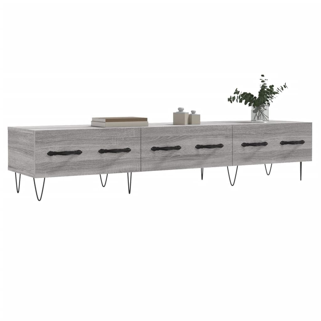 Szafka pod telewizor Sonoma szara z materiału drewnopochodnego 150 x 36 x 30 cm z żelaznymi nogami, 3 szuflady, niska szafka do salonu, gier, kina domowego, schowek, zarządzanie kablami
