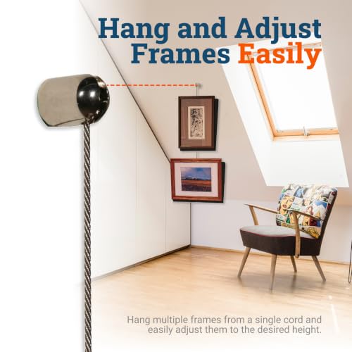 Image of PHS Art Hanging System for Gallery Wall - Adjustable Picture Hangers with Steel Art Cable - Ceiling Hanger Supports 25 lbs - Picture Hanging Systems No Track (Pack of 4)