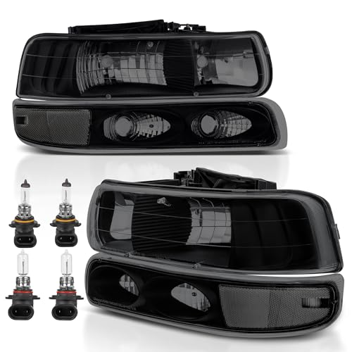 KUIPERAUTO Headlight Assembly Front Lamp Compatible with 1999-2002 Chevrolet Silverado 1500 2500 2000-2006 Suburban 1500 2500 Tahoe Black Housing/Smoked lens/Transparent Corner w/Bulb