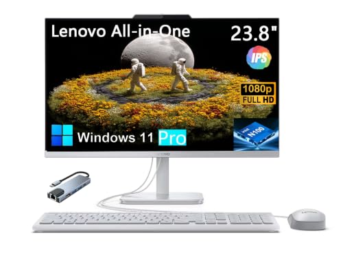 Image of Lenovo A100 All-in-One 23.8 inch FHD Desktop: Intel N100, 8GB, 512GB SSD | Lenovo White Space-saving AIO computer, Webcam, Wi-Fi 6, Win 11 Pro, Wired keyboard and mouse, with Hub