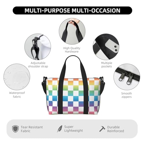Travel Duffle Bags For Women Men - Pastel Rainbow Checker Print Personal Item Weekender Overnight Gym Carry On Airport Tote Bag With Strap For Yoga, Travel, Business Trips3