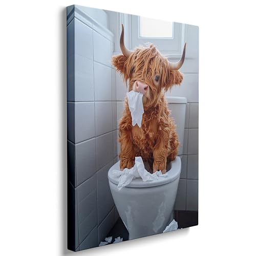 DUFIPOR Lienzo decorativo para pared, diseño de vaca de las tierras altas, divertido animal sentado en el inodoro, impresiones rústicas modernas para decoración de baño, enmarcado listo para colgar