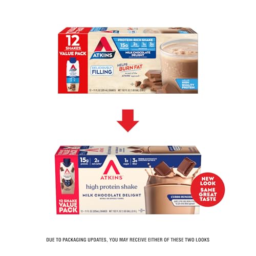 Atkins Milk Chocolate Delight High Protein Shake, 15g Protein, 2g Net Carb, 1g Sugar, Keto Friendly, Chocolate Flavored Protein Shakes, 12 Count