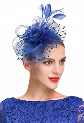 Fascinators Hat for Women Tea Party Headband Kentucky Derby Wedding Cocktail Flower Mesh Feathers Hair Clip (1-Blue)