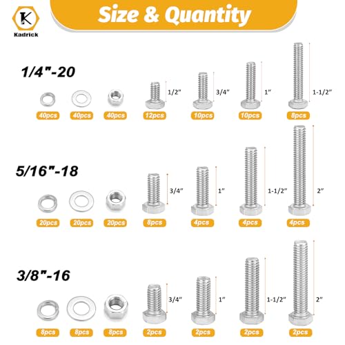 Image of Kadrick 272Pcs 18-8(304) Stainless Steel Hex Bolts Assortment,1 /4-20 5 /16-18 3 /8-16 Heavy Duty Bolts and Nuts Kit, Assorted SAE Bolts Nuts Flat&Lock Washers,Lenth Form 1 /2''-2''