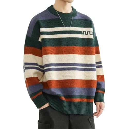 Men's Stripe Knit Crew Neck Pullover Sweater Loose Fit Comfortable