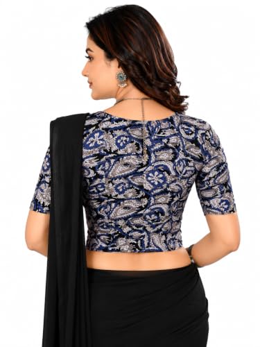 Image of Mogsa Women's Kalamkari Print Cotton Stretchable V-Neck Readymade Saree Blouse | Soft Cotton Blend | Stretch Fabric | Ready-to-Wear