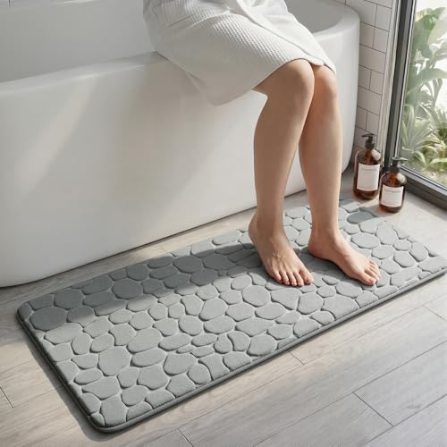 YIHOUSE Memory Foam Runner Rug, Cobblestone Bathroom Runner Rugs Super Water Absorbent Bath Mats for Bathroom Machine Washable Bath Rugs for Hallway Bedroom Laundry Room(20 x 47,Light Gray) - image 1