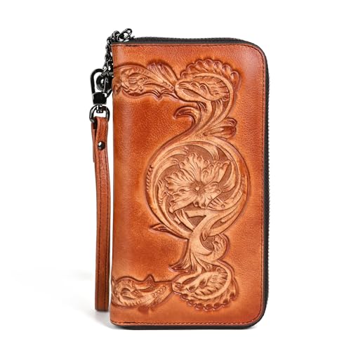 Genuine Leather Women's Wallet Flower Pattern Wristlet Long Wallet Card Holder (Brown)3