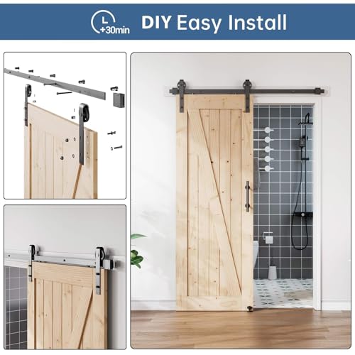 Image of EaseLife 5.5FT Sliding Barn Door Hardware Track Kit & Handle,Big Industrial Spoke Wheel Pulley,Wall Mount,Slide Smoothly Quietly,Easy Install,Black,66 inch Track Fit for 29-31 inch Wide Opening (No Door)