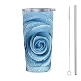 Dujiea 20oz Tumbler With Lid And Straw, Blue Rose Vacuum Insulated Iced Coffee Mug Reusable Travel Cup Stainless Steel Water Bottle
