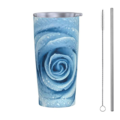 Dujiea 20oz Tumbler With Lid And Straw, Blue Rose Vacuum Insulated Iced Coffee Mug Reusable Travel Cup Stainless Steel Water Bottle