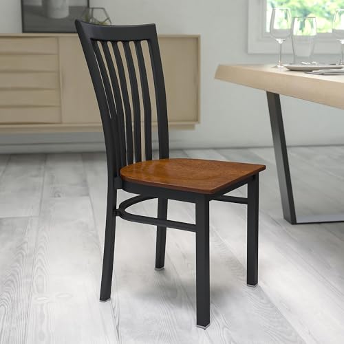 Image of Flash Furniture HERCULES Series Black School House Back Metal Restaurant Chair - Cherry Wood Seat