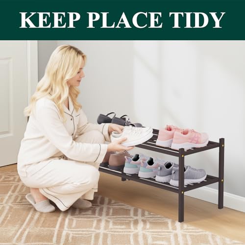 Image of Smiry Bamboo Shoe Rack, 5 Horizontal Slats, 2 Tier - 26.8 inch Wide, Brown