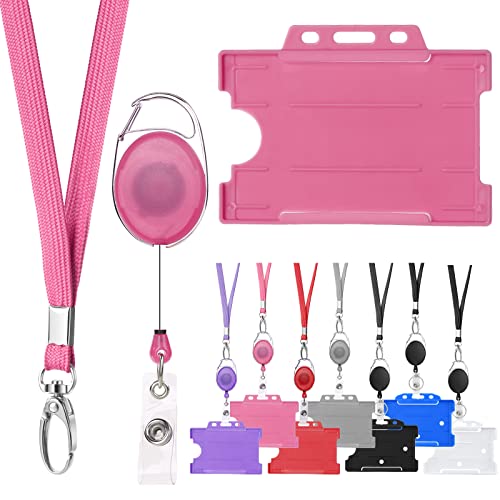 Vicloon ID Card Badge Holder, 1PC Retractable Lanyard and Badge Holder Set Includes ID Card Holder, Lanyard Neck Strap and Retractable Reel (Pink)