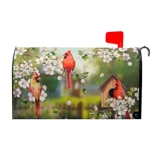 Image of Spring Birds Floral Magnetic Mailbox Cover Colorful Summer Birdhouse White Flowers Mailbox Wrap Post Cover Standard Size 21x18 Inch for Garden Yard Outdoor Outside Seasonal Decor