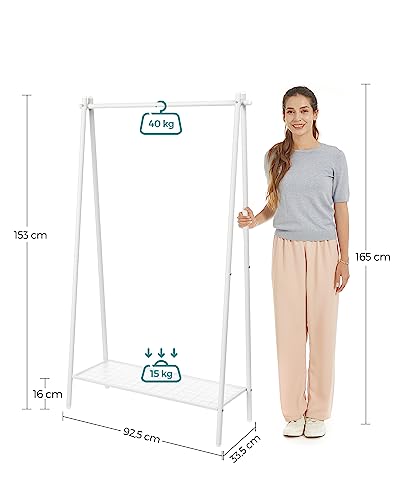 SONGMICS Kleiderständer, Garderobe, Garderobenständer, Kleiderablage, Stahlrahmen, mit Stange und Regal, 33,5 x 92,5 x 153 cm, für Schlafzimmer, Garderobe, Waschküche, Weiß HSR023W01