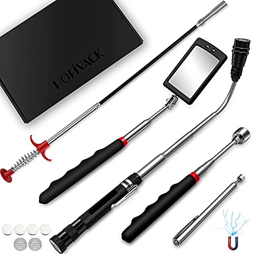 Hofivack Telescoping Magnetic Pickup Tool Kit with LED Flashlight, Flexible 4 Claw Grabber, Square 360 Swivel Inspection Mirror, 15lb and 1.5lb Pick Up Stick Cool Gadgets Tool Gift for Men, Dad, Him