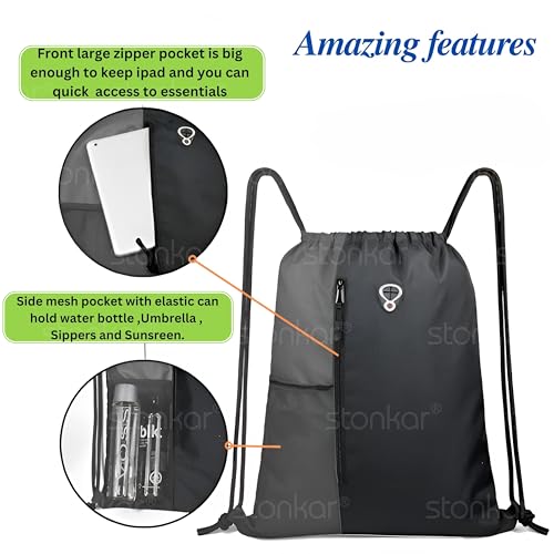 Image of ActiveFit Drawstring Bag | Gym and String Backpack | Sports Bag | 17 inch x 13 inch Inch (Black-Grey)