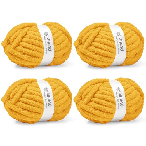 Image of Inhand Honey Gold Chunky Chenille Yarn for Hand Knitting,Thick Bulky Fall Decor Blanket Yarn for Crocheting,Soft Fluffy Yarn for Autumn Crochet Gifts for Women /Beginners,4 Pack (29.5Yds /8.4oz Each)