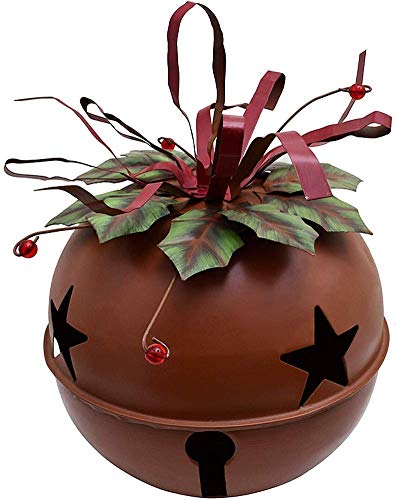 Rustic Metal Hanging Jingle Bell Decoration 12" H, Rustic Cut-Outs Star Metal Christmas Jingle Bell Ornament ,Metal Ribbon Festive Rustic Jingle Bell Christmas Tree Sled Tabletop Decoration (Large)