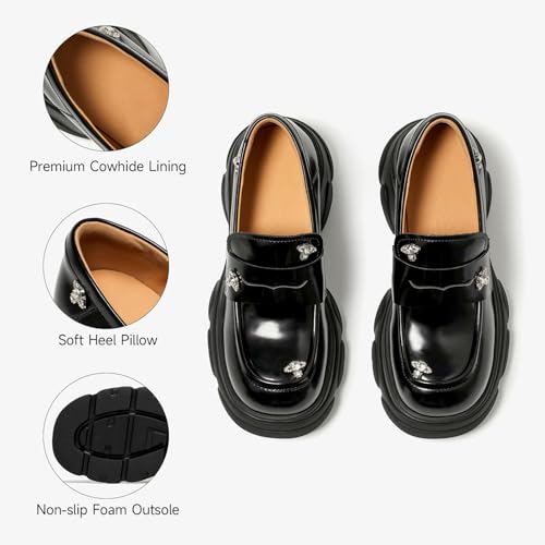 Image of BEAU TODAY Chunky Loafers Women, Genuine Leather Platform Loafers for Women, Slip On Round Toe Comfortable Business Casual Dress Shoes