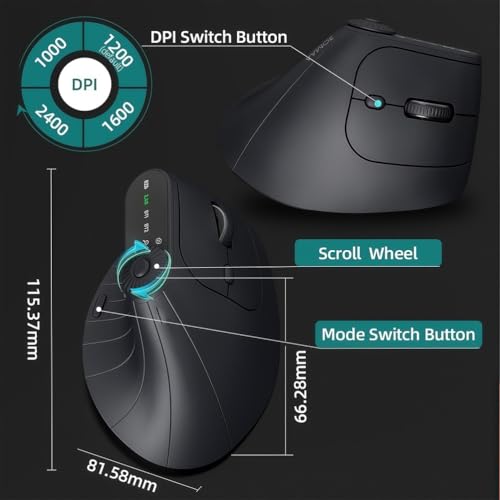 Mouse verticale ergonomico wireless con DPI regolabile 1000-2400, Bluetooth 5.0 e ricevitore USB-C, design a tripla connessione per laptop, PC e Mac