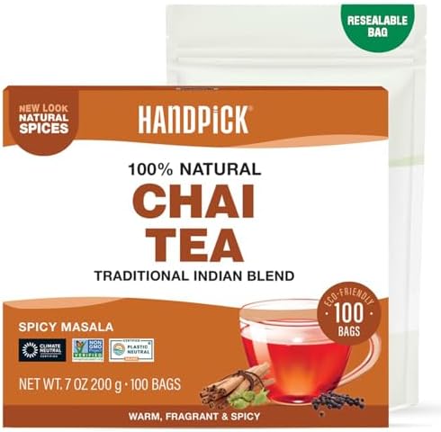 HANDPICK Masala Chai Tea Bags (100 Count) Strong Robust & Aromatic, Blended with Exotic Spices, Cinnamon, Black Pepper, Cloves & Cardamom - Premium Quality Eco-conscious Round Bags