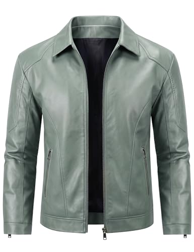 Image of Zbrandy Mens Leather Jacket Faux Leather Motorcycle Jackets Turn Down Collar Biker Coat Outwear Green M