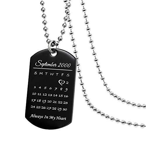 Queenberry Custom Engraved Personalized Calendar Date Memorial Text Stainless Steel Dogtag Pendant Ball Chain Necklace F/Husband Wife Men Gift #TOP1