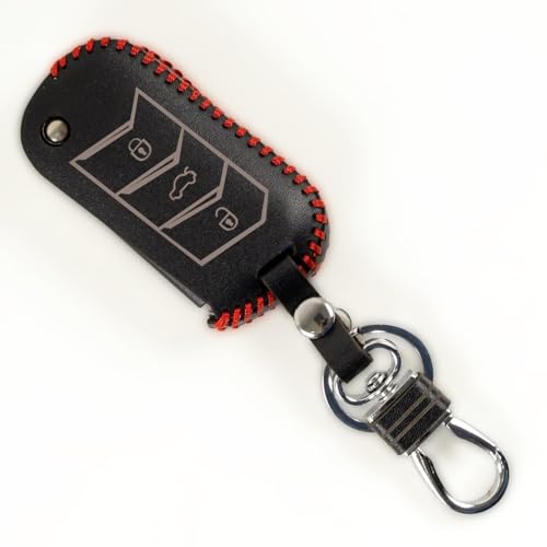Image of Leather Smart Car Key Cover Case with Metal Hook Keychain for Mahindra Scorpion 2022, Bolero < 2020, Scorpio < 2019, TUV 300, Marazzo, Thar < 2020 (Black)