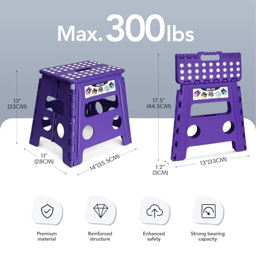 Image of Delxo Folding Step Stool, 13 inch Non-Slip Foldable Stools Up to 300 LBS, Step Stool with Handle, Lightweight for Kitchen, Bathroom, Bedroom, Garden, Purple, 1PC