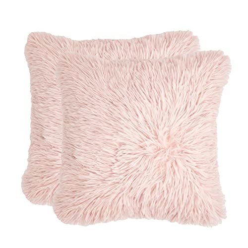 Sienna Set of 2 Faux Mongolian Fur Pack Shaggy Cushion Covers 45 x 45 cm Textured Reversible Fleece Chair Sofa, 18 x 18 - Blush Pink