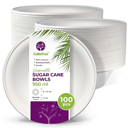 100 Cuencos Desechables Papel de caña de azúcar de 950 ml grandes. Vajilla desechable Biodegradable extrafuerte de Color Blanco. Cuencos para Fiestas y desayunos. Cuencos de bagazo