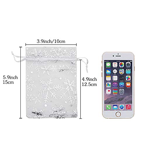 Image of HRX Package 100pcs Snowflake Organza Gift Bags Christmas 4x6 inch, Small White Mesh Jewelry Pouches Little Drawstring Candy Bags